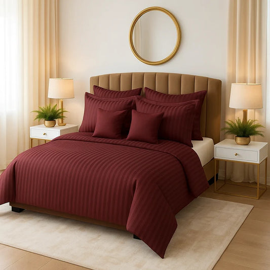 MAROON SATIN STRIPE DUVET COVERS SET 8 PCS - 109