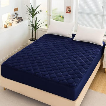Quilted 100% Waterproof Mattress Cover For Double bed Fitted Mattress Protector Anti Sleep Bed Sheet  - Dark Blue