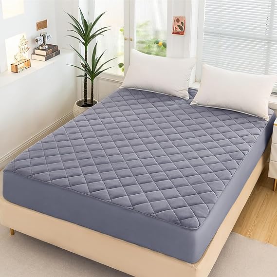 Quilted 100% Waterproof Mattress Cover For Double bed Fitted Mattress Protector Anti Sleep Bed Sheet  - Grey